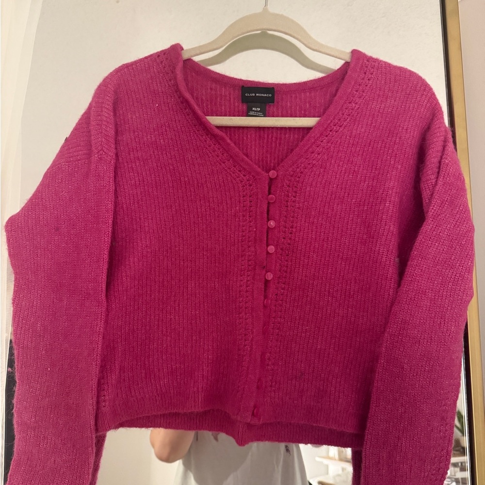 Club Monaco Hot Pink V-Neck Buttoned Knit Sweater